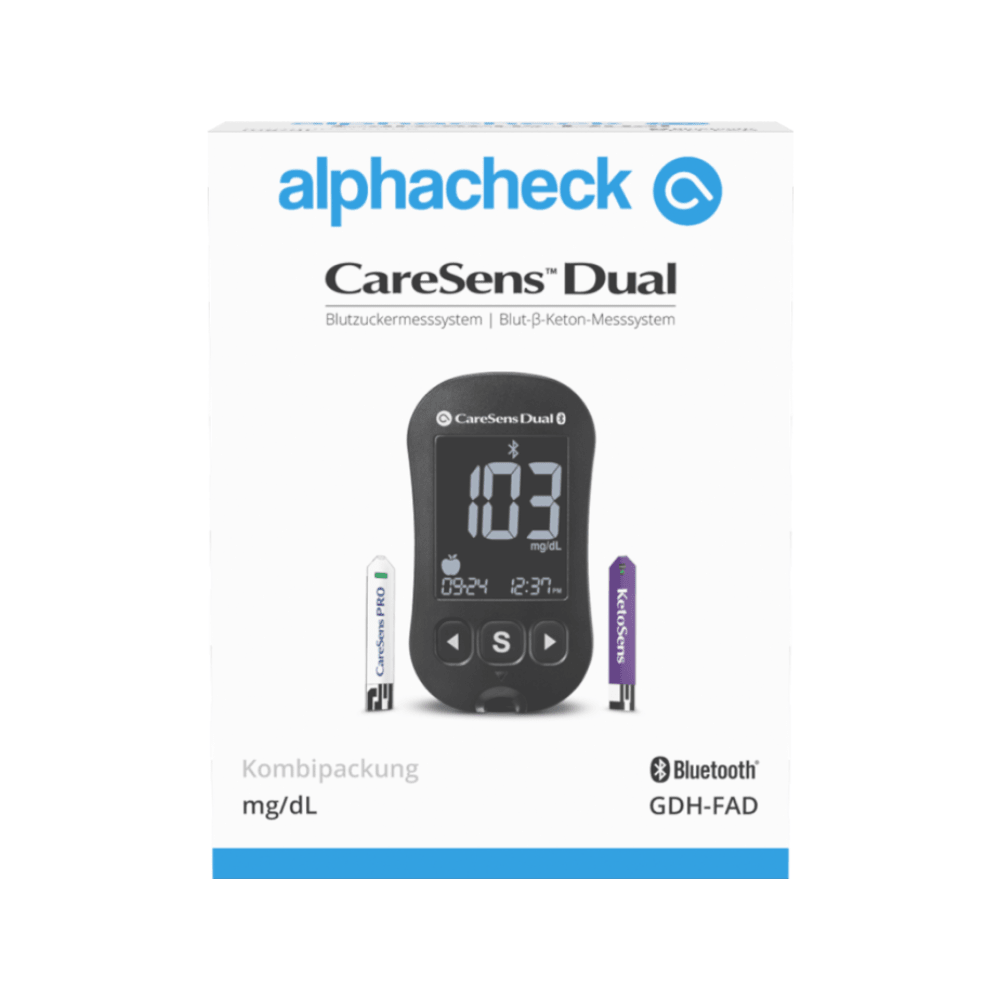 Obrázok zobrazuje balenie Alphacheck CareSens DUAL glukomeru Kombipack | Balenie (1 kus), systém na monitorovanie glukózy a ketónov od Berger Med GmbH, ideálne pre samomeranie cukrovky. Krabica je označená v nemčine a zobrazuje digitálny prístroj s hodnotou 103 mg/dL, ako aj glukózové a ketónové prúžky. Uvádza sa pripojiteľnosť cez Bluetooth.