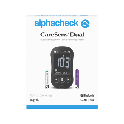 Obrázok zobrazuje balenie Alphacheck CareSens DUAL glukomeru Kombipack | Balenie (1 kus), systém na monitorovanie glukózy a ketónov od Berger Med GmbH, ideálne pre samomeranie cukrovky. Krabica je označená v nemčine a zobrazuje digitálny prístroj s hodnotou 103 mg/dL, ako aj glukózové a ketónové prúžky. Uvádza sa pripojiteľnosť cez Bluetooth.