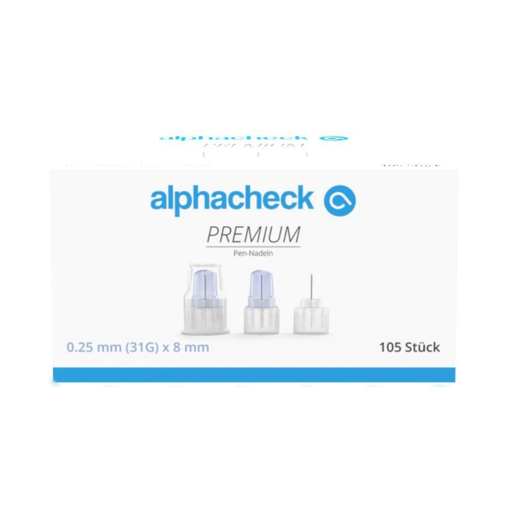 Obrázok ukazuje škatuľku Alphacheck PREMIUM Pen-ihiel, rôzne veľkosti od Berger Med GmbH, ktoré sú vyvinuté pre minimálnu bolesť pri podávaní inzulínu. Na obale je uvedené, že ihly majú veľkosť 0,25 mm (31G) x 8 mm a škatuľka obsahuje 105 kusov. Na škatuľke sú zobrazené tri Pen-ihly.