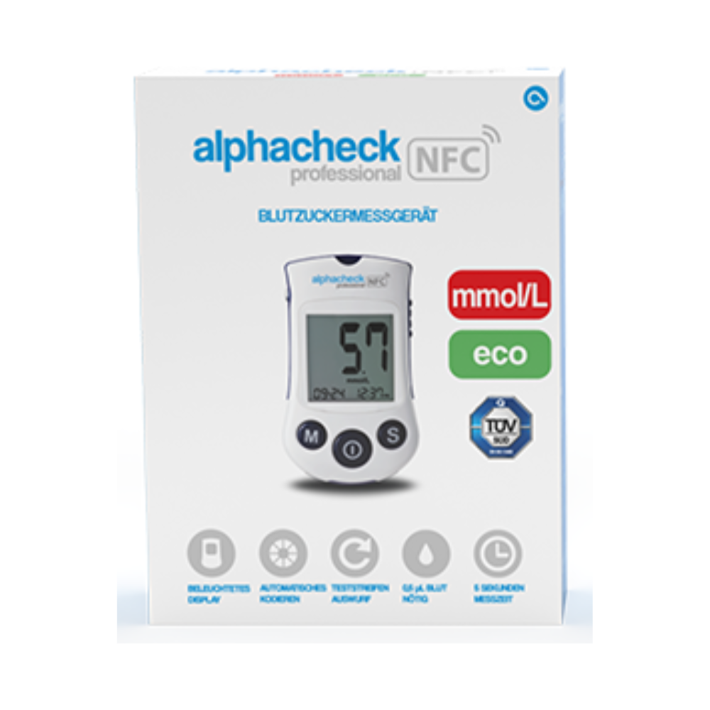 Krabica s Alphacheck Professional NFC glukomerom eco | Balenie (1 kus) od Berger Med GmbH. Krabica zobrazuje obrázok zariadenia s nameranou hodnotou 5,7 mmol/L. Medzi zdôraznené funkcie patrí podsvietený displej, prevádzka bez kódovania, NFC schopnosť a 5-sekundový čas merania pre efektívne riadenie diabetu.
