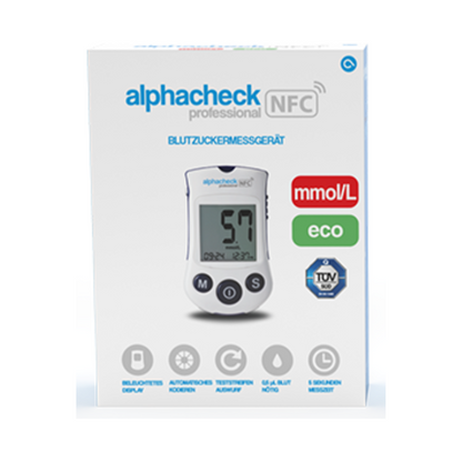 Krabica s Alphacheck Professional NFC glukomerom eco | Balenie (1 kus) od Berger Med GmbH. Krabica zobrazuje obrázok zariadenia s nameranou hodnotou 5,7 mmol/L. Medzi zdôraznené funkcie patrí podsvietený displej, prevádzka bez kódovania, NFC schopnosť a 5-sekundový čas merania pre efektívne riadenie diabetu.
