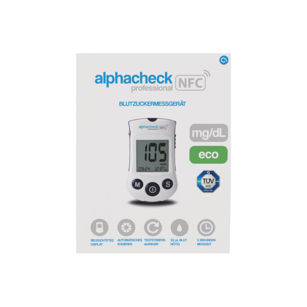 Obrázok prednej strany balenia pre „Alphacheck Professional NFC glukomer eco | Balenie (1 kus)“ od Berger Med GmbH. Balenie má digitálny displej s nameranou hodnotou 105 mg/dL. Etikety zdôrazňujú funkcie ako Bluetooth displej, automatické kódovanie a pamäť testov pre optimálne riadenie diabetu.
