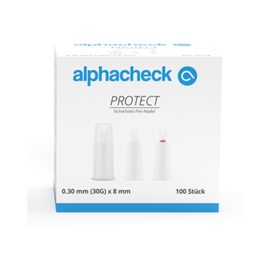 Biela škatuľka s modrým textom s nápisom „Alphacheck PROTECT bezpečnostné perové ihly, rôzne veľkosti“ a „Bezpečnostná perová ihla“. Škatuľka určená na inzulínové injekcie obsahuje 100 kusov 0,30 mm (30G) x 8 mm bezpečnostných perových ihiel. Na prednej strane škatuľky sú zobrazené tri bezpečnostné perové ihly v rôznych montážnych štádiách. Značka: Berger Med GmbH