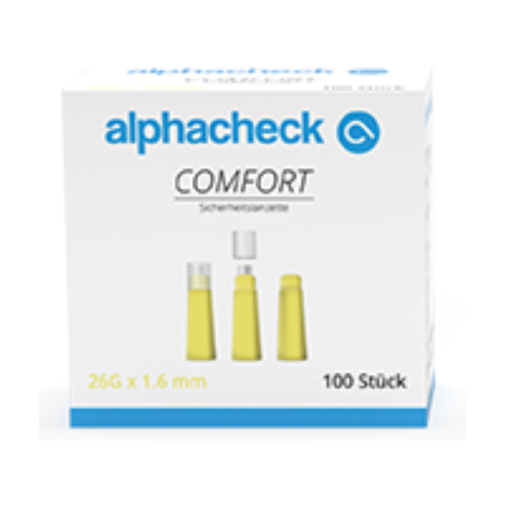 Biela škatuľa s nápisom „Alphacheck comfort bezpečnostné lancety“ od Berger Med GmbH obsahuje 100 kusov 26G x 1,6 mm bezpečnostných lanciet. Na prednej strane škatuľky sú zobrazené žlté lancety, ktoré sú ukázané v troch rôznych štádiách – s nasadeným, čiastočne odstráneným a úplne odstráneným krytom, ktoré zaisťujú šetrný odber krvi vysokorýchlostným vpichom (bezbolestné získavanie krvi vysokorýchlostným vpichom).