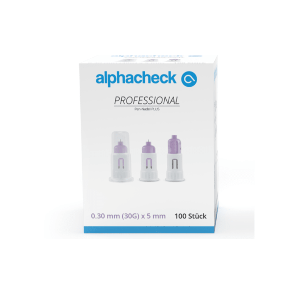Krabička ihiel Alphacheck Professional Pen-Nadel PLUS, rôzne veľkosti, určená na injekcie inzulínu. Na krabičke je vyobrazenie sterilných ihiel a je na nej uvedená veľkosť: 0,30 mm (30G) x 5 mm. Obsahuje 100 kusov od spoločnosti Berger Med GmbH.