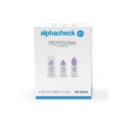 Krabička ihiel Alphacheck Professional Pen-Nadel PLUS, rôzne veľkosti, určená na injekcie inzulínu. Na krabičke je vyobrazenie sterilných ihiel a je na nej uvedená veľkosť: 0,30 mm (30G) x 5 mm. Obsahuje 100 kusov od spoločnosti Berger Med GmbH.