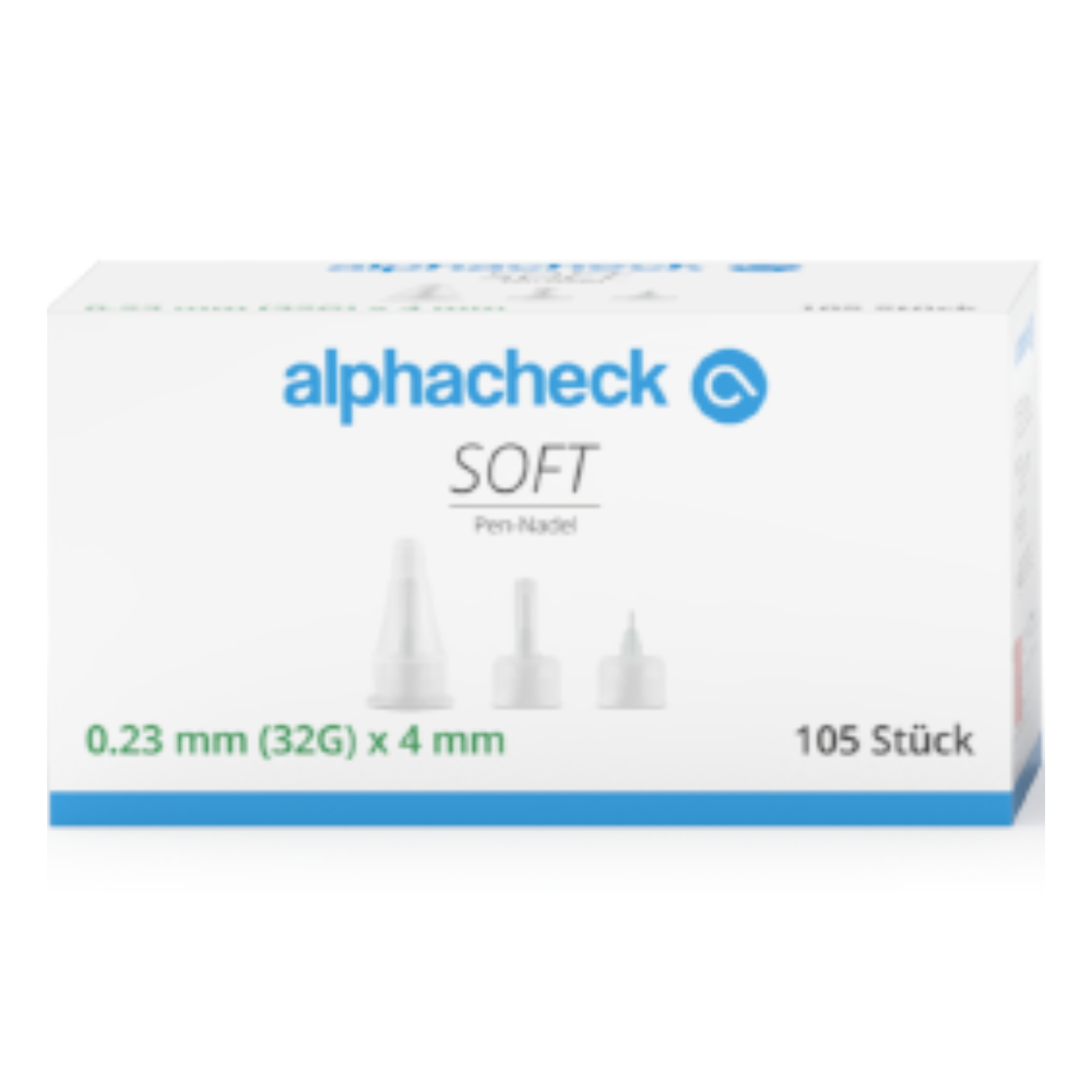 Biela škatuľka s modrou etiketou „alphacheck SOFT Pen-ihla“ obsahuje 105 kusov Alphacheck Soft Pen-ihiel, rôzne veľkosti, 105 kusov/balenie od Berger Med GmbH, s rozmermi 0,23 mm (32G) x 4 mm. Ihly sú ideálne pre inzulínové injekcie a majú silikónový povlak. Na prednej strane škatuľky sú obrázky ihiel, ich krytiek a text v nemčine.
