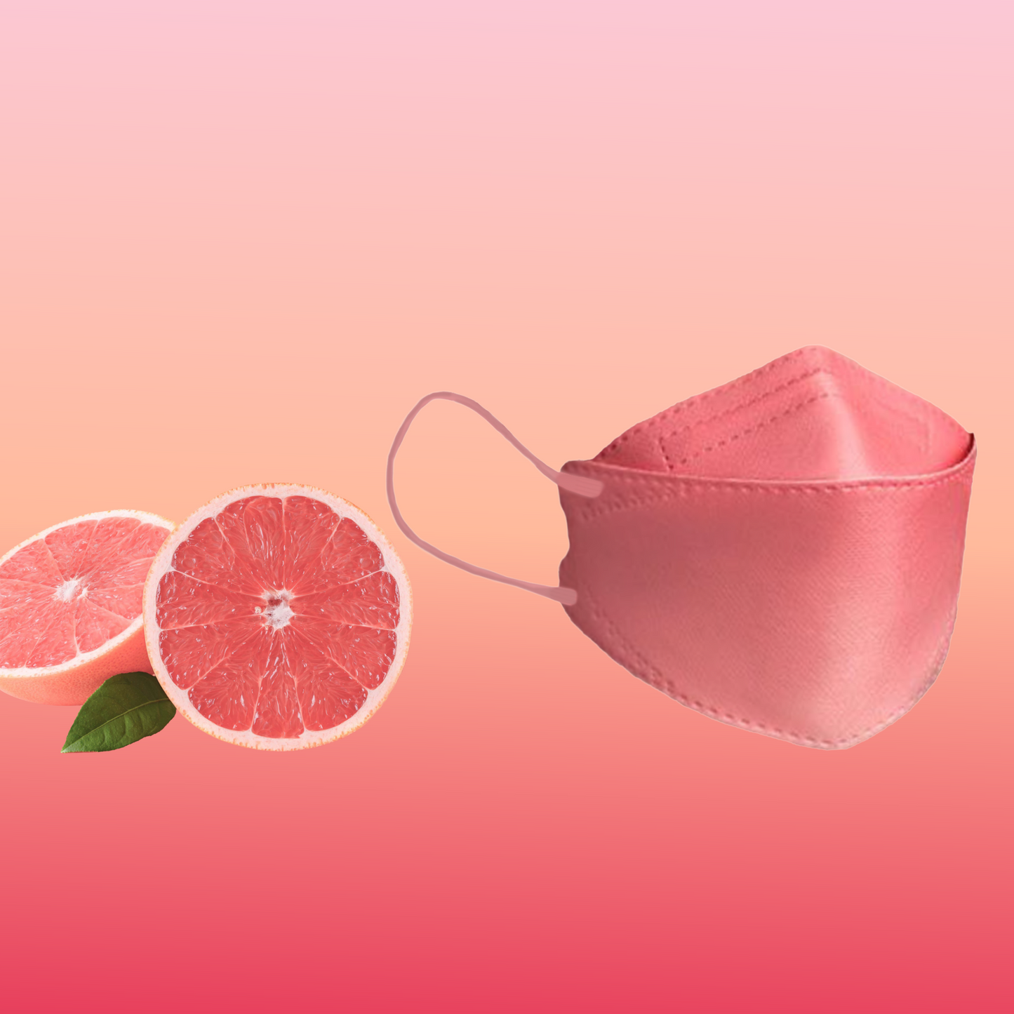 Dizajnérska maska na tvár Altruan s filtrom na častice (štandard FFP2) je elegantne umiestnená vedľa dvoch polovíc grapefruitu na ružovom pozadí s farebným prechodom, čo zdôrazňuje jej štýlový dizajn a ergonomické prispôsobenie.