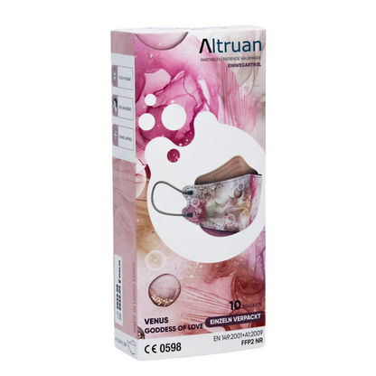 Balenie dizajnérskych masiek na tvár Altruan s filtrom na častice (štandard FFP2) v dizajne „Venus Goddess of Love“ poskytuje účinnú ochranu. Balenie je prevažne ružové s abstraktnými ilustráciami a zodpovedá štandardu FFP2. Vo vnútri sa nachádza 10 masiek, jedna z nich má módny kvetinový vzor.