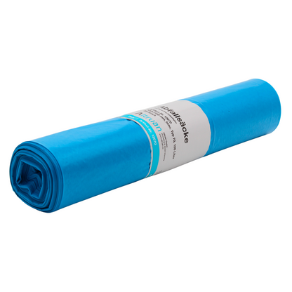 Vrece na odpad Altruan 120 litrov Typ 70, 12070 Premium, modré s bielou etiketou, z recyklovaného LDPE, izolované na bielom pozadí.