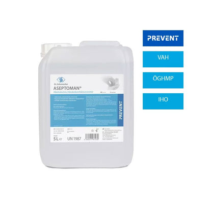 5-litrový plastový kontajner Dr. Schumacher Aseptoman® dezinfekcia rúk bez parfumu od spoločnosti Dr. Schumacher GmbH, s modro-bielou etiketou. Vedľa stoja modré škatule s nápisom "PREVENT", "VAH", "ÖGHMP" a "IHO".