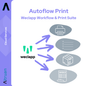 Reklamná grafika pre Autoflow Print: Weclapp Workflow & Print Suite od Altruan, súčasť Artluan Cloud-Service-Suite, zobrazuje ikony pre tlačiareň, zoznam dokumentov, balík a faktúru so šípkami, ktoré naznačujú