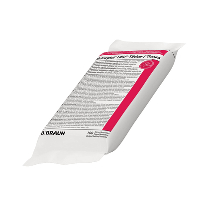 Obrázok zobrazuje balenie B. Braun Meliseptol® HBV Tücher dezinfekčné obrúsky od B. Braun Deutschland GmbH & Co. KG. Etiketa zobrazuje podrobný čierny text s červeným akcentovým pásikom na bielom pozadí. Toto balenie na utieranie obsahuje 100 obrúskov a je prevažne obdĺžnikové s mierne naklonenou perspektívou.
