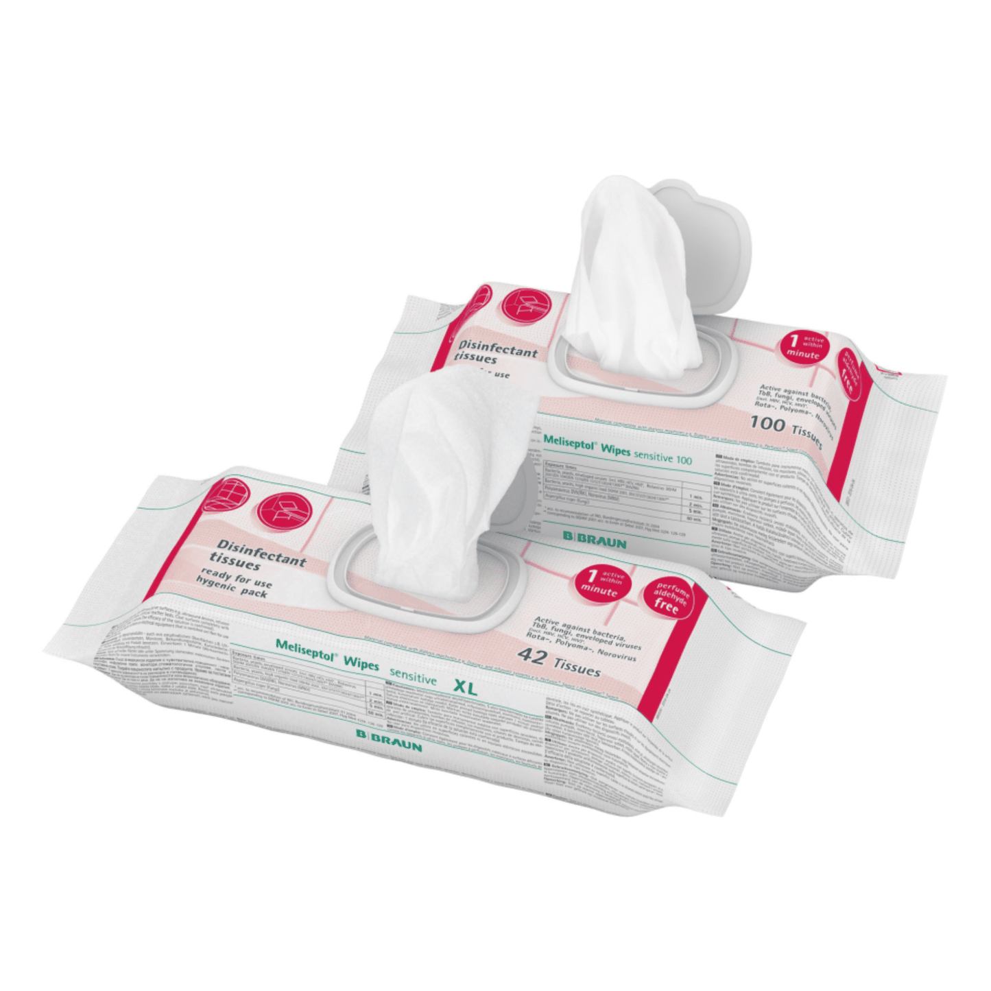 Vydajú sa dve balenia dezinfekčných obrúskov Meliseptol® Wipes sensitive B. Braun. Prvé balenie, ponúkané B. Braun Deutschland GmbH & Co. KG, obsahuje 100 obrúskov a druhé balenie, označené ako XL, má 42 obrúskov. Obe balenia sú biele a potlačené textom a logami. Perfektné na rýchlu dezinfekciu, každé balenie má čiastočne vytiahnutý obrúsok pre jednoduchý prístup.