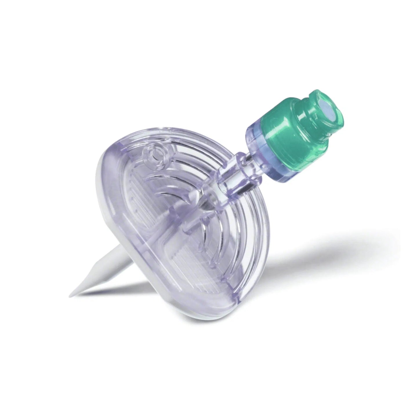 Der B. Braun Mini-Spike® 2 - 1 Stück von B. Braun Deutschland GmbH & Co. KG je sterilný injekčný filter s priesvitným telom a zelenou špičkou, vrátane plochej, okrúhlej membrány a špicatej trysky pre efektívnu filtráciu kvapalín. Mierny uhol zvyšuje presnosť dizajnu Mini-Spike a bezproblémovo spája formu a funkciu na jednoduchom bielom pozadí.