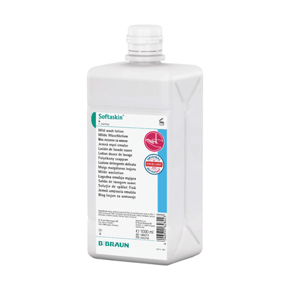 Pravouhlá biela plastová fľaša od B. Braun Deutschland GmbH & Co. KG nesie na prednej strane etiketu s nápisom „B. Braun Softaskin® Waschlotion“ vo viacerých jazykoch. Červená pečiatka označuje kvalitu „Vynikajúce“ a zdôrazňuje mikroplastovú formulu. Fľaša so závitovým uzáverom má kapacitu 1000 ml.