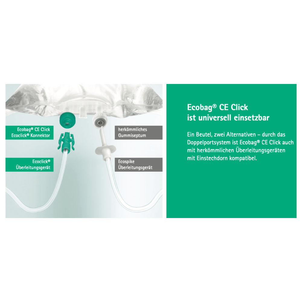 Obrázok zobrazuje zostavu lekárskeho zariadenia s vreckom, ktoré je spojené s hadicami. Na ľavej strane sú viditeľné pripojenia s nápisom „B. Braun Ecobag® CE Click“ a „Ecospike“. Na pravej strane sa nachádza nemecký text o kompatibilite zariadenia s B. Braun Ecobag® CE Click NaCl 0,9% oplachovací roztok a jeho univerzálnej použiteľnosti na použitie s rôznymi produktmi B. Braun Deutschland GmbH & Co. KG.