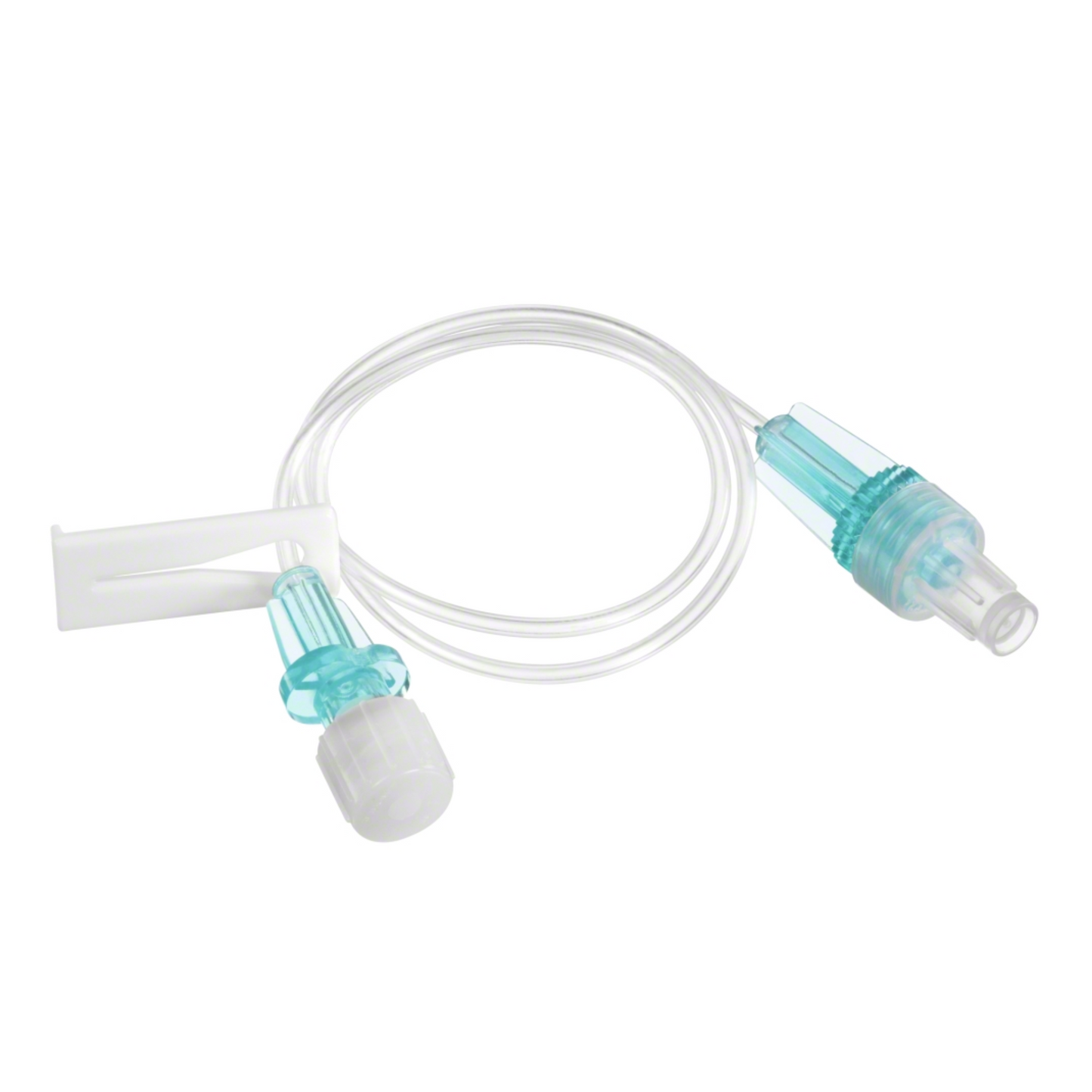 Obrázok zobrazuje B. Braun malý objemový predlžovací kábel pre infúzie, 30 cm dlhú priehľadnú medicínsku IV predlžovaciu súpravu od B. Braun Deutschland GmbH & Co. KG, s bielym L-tvarovaným klipom a modrým Luer-Lock konektorom. Bola navrhnutá s ohľadom na bezpečnosť, má uzamykacie mechanizmy na každom konci a je bez latexu a DEHP, aby spĺňala normy pre malé objemové predlžovacie káble.