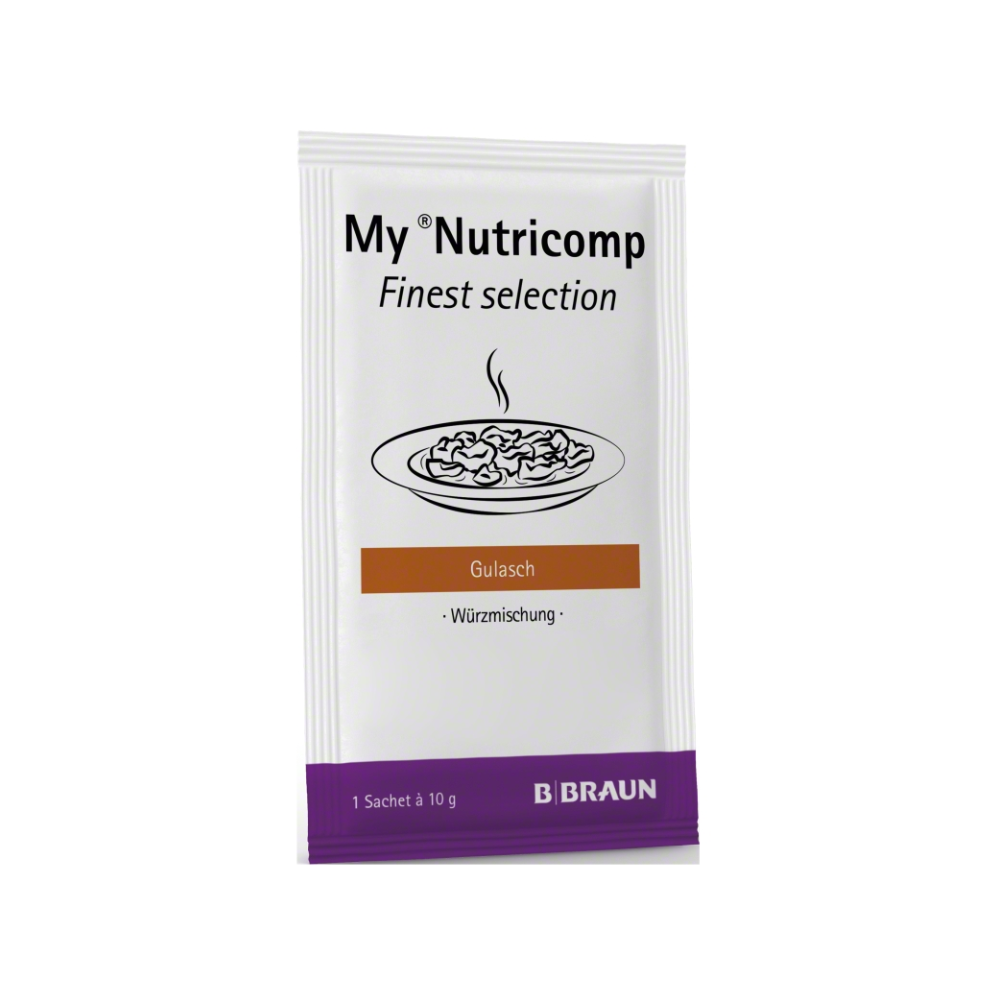 Vrecko B. Braun My Nutricomp Finest Selection koreninová zmes „Gulasch - Koreninová zmes“ od B. Braun Deutschland GmbH & Co. KG má prevažne biele balenie s čiernym textom a obrázkom parnej misky, ktorá pripomína kulinárske kreácie od Alfonsa Schuhbecka.