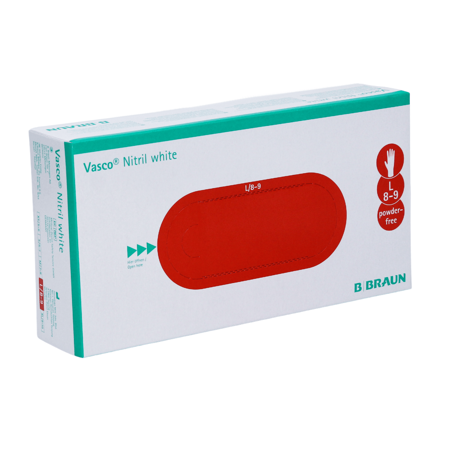 Škatuľa s bielymi B. Braun Vasco® nitrilovými jednorazovými rukavicami od B. Braun Deutschland GmbH & Co. KG, veľkosť 8-9. Balenie má červený oválny dizajn so symbolom ruky v rohu, ktorý označuje bezlatexové, bezpúdrové rukavice.
