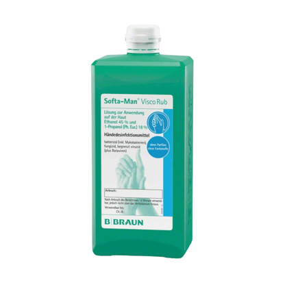 Zelená fľaša „B. Braun Softa-Man® ViscoRub Dezinfekcia a starostlivosť o ruky“ od B. Braun Deutschland GmbH & Co. KG s upozornením na znášanlivosť s pokožkou. Na etikete sú uvedené ako zložky etanol a 1-propanol, navyše sú zobrazené dve ruky a dodatočný text v nemčine.