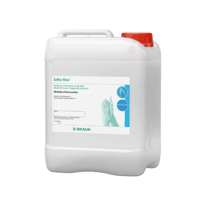 Biely plastový obal s červeným vekom nesie nápis „B. Braun Softa-Man® ViscoRub Dezinfekcia a starostlivosť o ruky“, produkt B. Braun Deutschland GmbH & Co. KG. Upozorňuje pomocou hygienických grafík a nemeckého textu na účinnosť proti vírusom a má zabezpečiť účinnú hygienu rúk.
