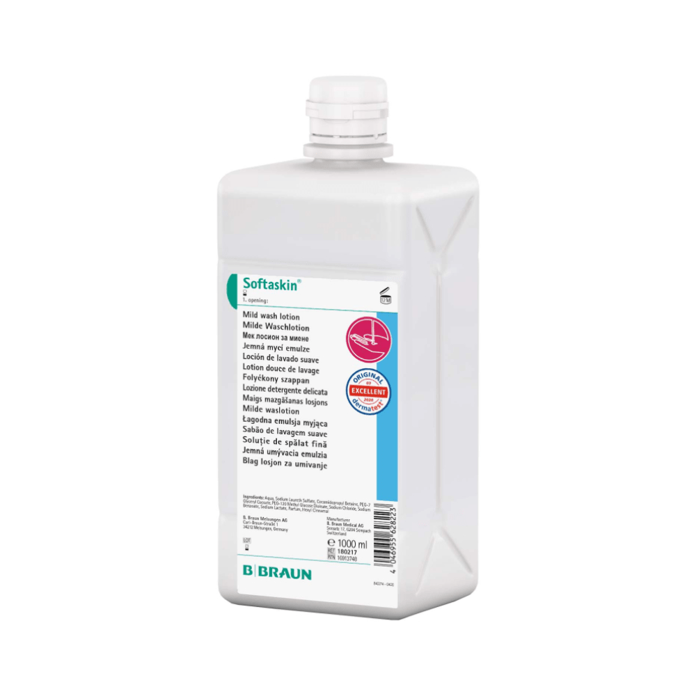 1000 ml fľaša „B. Braun Softaskin® Waschlotion“ je biela a má viacjazyčnú etiketu, ktorá upozorňuje na jemnú a ekologickú formulu. Má závitový uzáver a na spodnej strane nesie nápis „B. Braun Deutschland GmbH & Co. KG“. Je to vynikajúca voľba pre používateľov, ktorým záleží na mikroplastových produktoch.