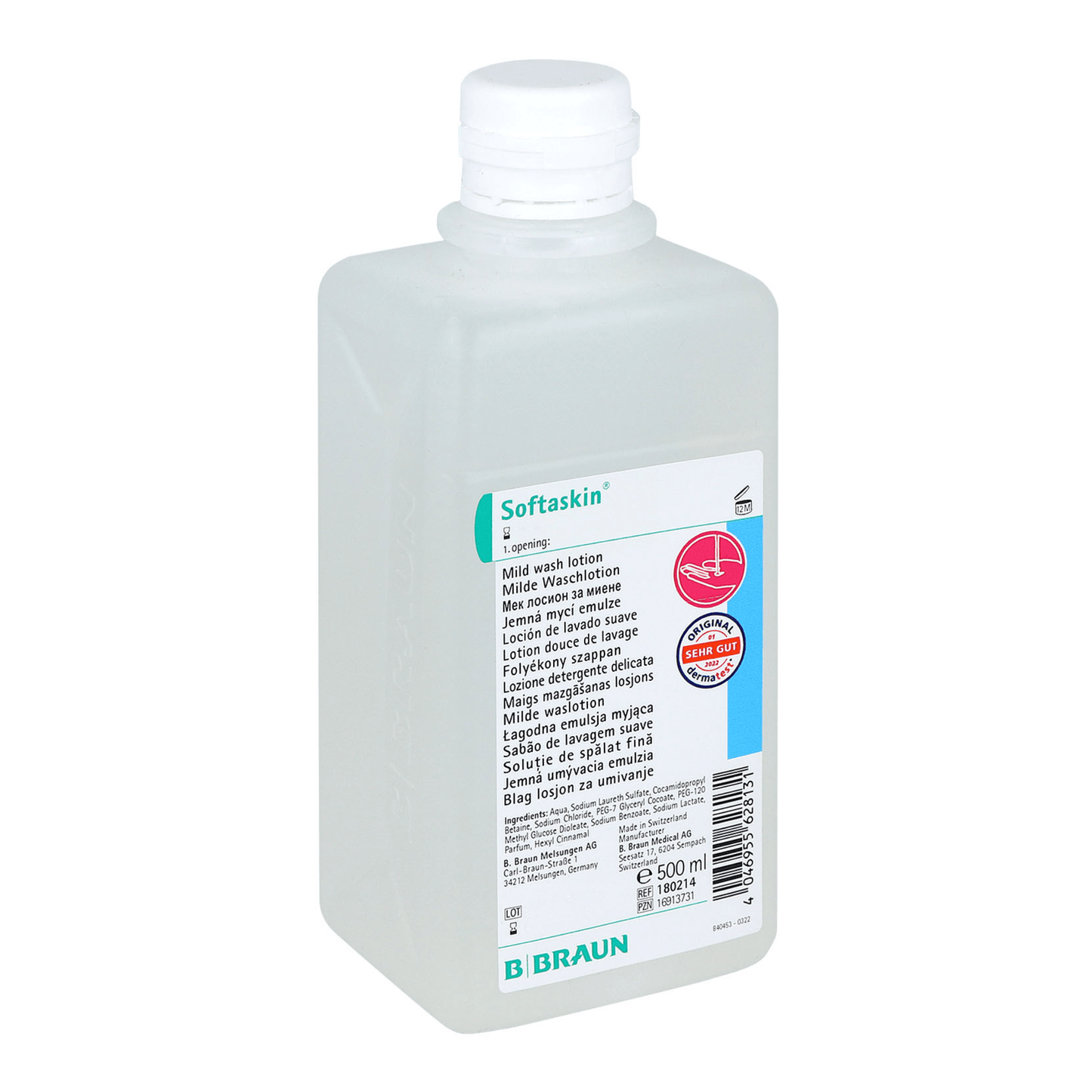 500 ml plastová fľaša B. Braun Softaskin® Waschlotion má biely uzáver a etiketu s informáciami o produkte vo viacerých jazykoch. Logo B. Braun a symbol „Barrier Effect“ sú jasne viditeľné, čo zaručuje mikroplastovú a ekologickú fľašu. Značka je B. Braun Deutschland GmbH & Co. KG.