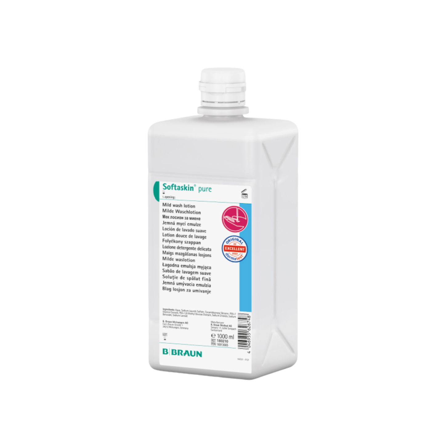 Fľaša Softaskin® pure 1000 ml od B. Braun Deutschland GmbH & Co. KG má biely obdĺžnikový dizajn s modro-bielou etiketou, ružovým logom pre znášanlivosť pokožky, skrutkovacím uzáverom a je hypoalergénnym umývacím roztokom, ideálnym pre citlivú pokožku.