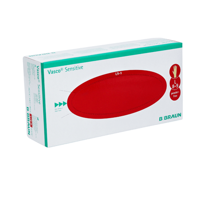 Obrázok ukazuje bielu škatuľu Vasco® Sensitive Latexové vyšetrovacie rukavice od B. Braun Deutschland GmbH & Co. KG. Vnútri je červený ovál so symbolmi pre veľkosť rukavíc L/8-9 a naznačuje, že rukavice sú bez prírodného latexu.