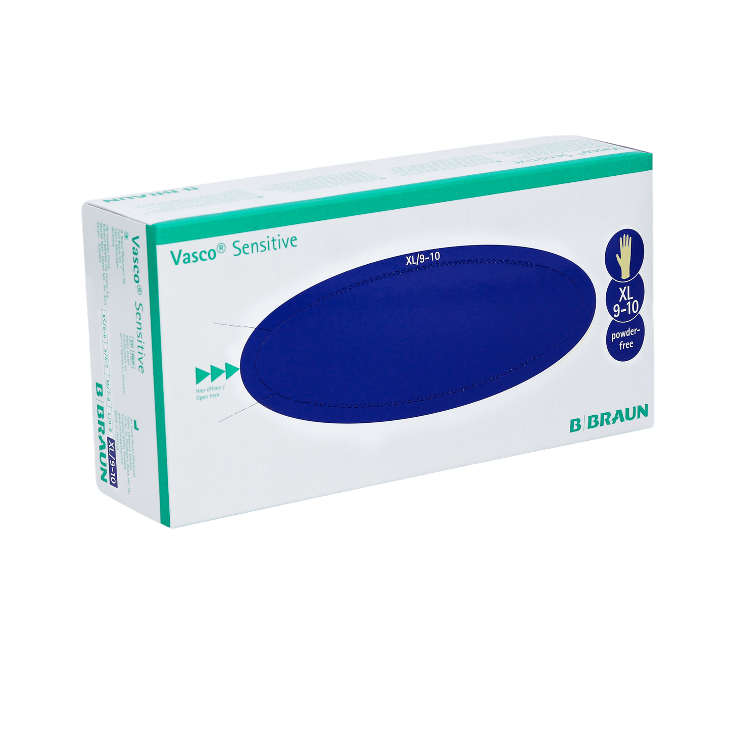 Škatuľa s B. Braun Vasco® Sensitive Latexové vyšetrovacie rukavice od B. Braun Deutschland GmbH & Co. KG, s veľkým modrým oválom na prednej strane. Tieto rukavice z prírodného latexu sú vo veľkosti XL (9-10) a bez prášku. Biele balenie je zvýraznené zeleným a modrým textom.