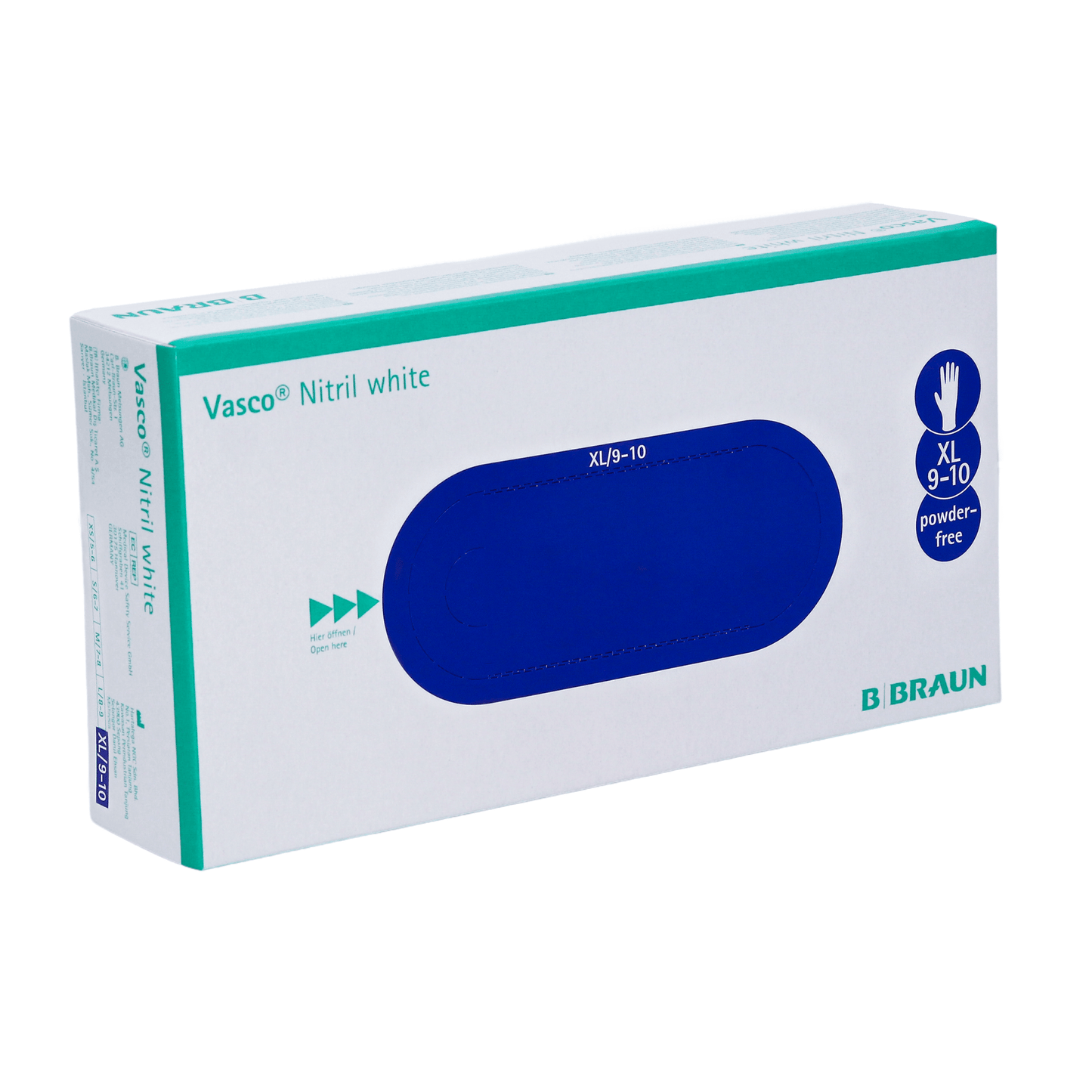 Vystavená je škatuľa bielych B. Braun Vasco® nitrilových jednorazových rukavíc, označená ako veľkosť XL 9-10 a bez púdru. Balenie ukazuje elegantný dizajn s modrým a zeleným textom na bielom pozadí. Logo B. Braun je výrazne umiestnené v dolnom pravom rohu a zdôrazňuje bezlatexové zloženie.