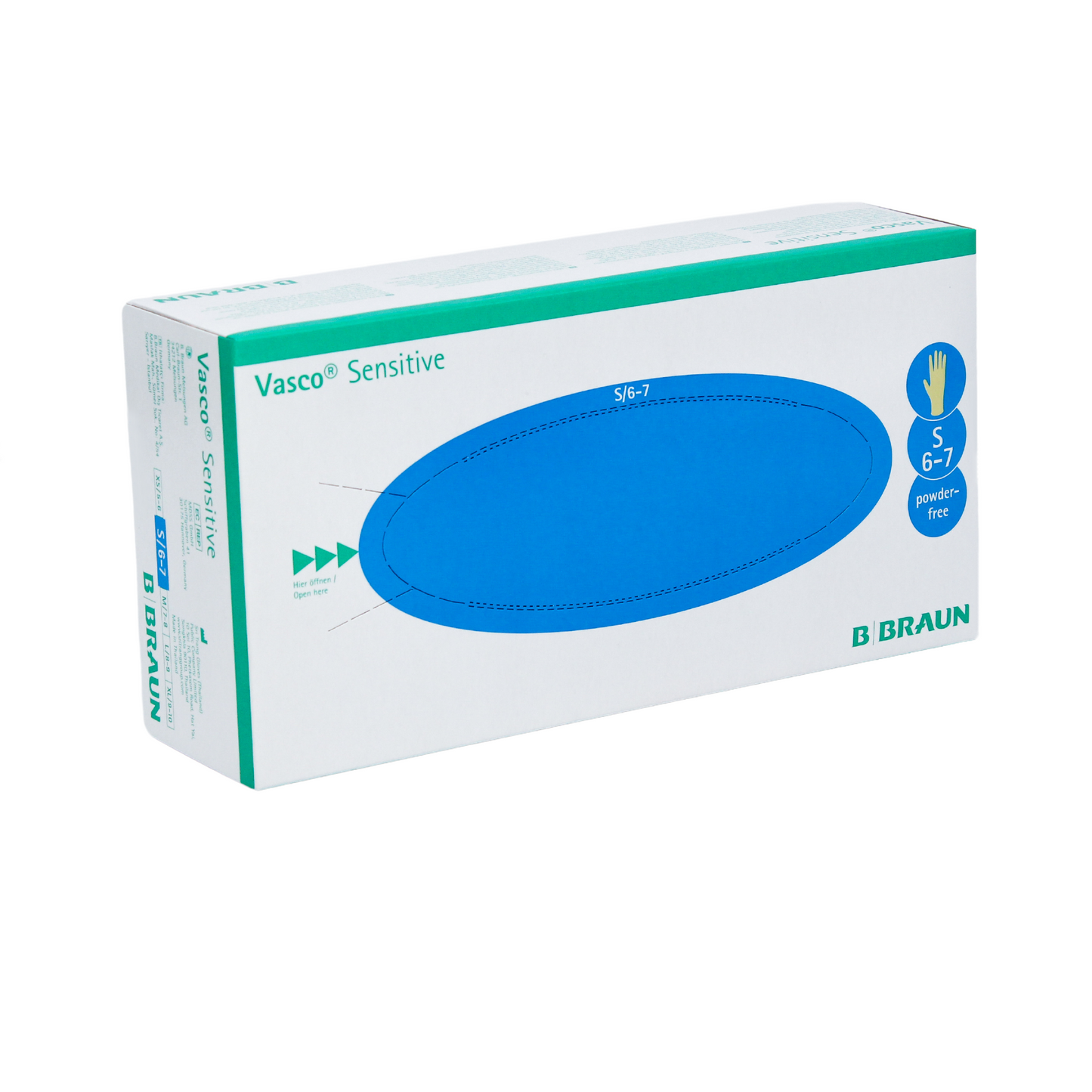Škatuľa B. Braun Vasco® Sensitive Latexové vyšetrovacie rukavice od B. Braun Deutschland GmbH & Co. KG z prírodného latexu je ozdobená modrou oválnou grafikou a je dostupná vo veľkosti S (6-7). Tieto rukavice bez prášku sú navrhnuté pre pohodlné skladovanie alebo vydávanie.