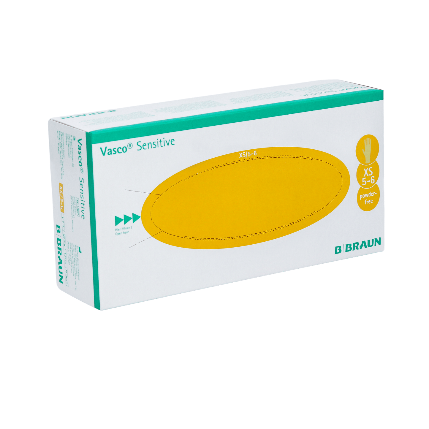 Obrázok ukazuje škatuľu B. Braun Vasco® Sensitive Latexové vyšetrovacie rukavice, veľkosť XS 5-6, od B. Braun Deutschland GmbH & Co. KG. Balenie je bielo-zelené, s nápadným žltým oválom, ktorý zvýrazňuje veľkosť a detaily rukavíc. Tieto rukavice z prírodného latexu sú bez prášku a poskytujú tak väčšiu bezpečnosť a pohodlie.