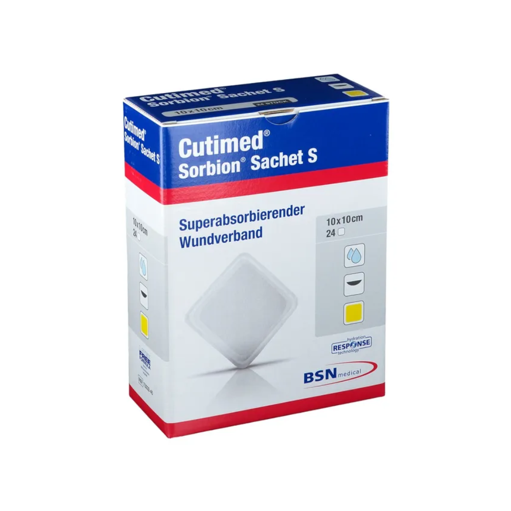 Obväz na rany BSN Cutimed® Sorbion® Sachet S od spoločnosti BSN Medical GmbH sa prezentuje v balení, ktoré kladie dôraz na superabsorpčný obväz na optimálne riadenie exsudátu. Prevažne biela škatuľa s modrými a červenými akcentmi obsahuje 24 kusov vo formáte 10x10 cm.