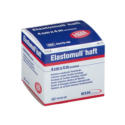 Krabica BSN Elastomull® haft, elastická fixačná bandáž s latex-free polymérom. Balenie je biele s modrým a červeným textom, veľkosť je uvedená ako 4 cm x 4 m natiahnuté, etiketa od BSN Medical GmbH.