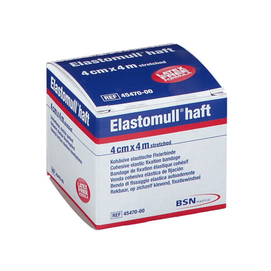 Jedno balenie BSN Elastomull® haft, elastického fixačného obväzu s polymérom bez latexu. Obal je biely s modrým a červeným textom, rozmery sú uvedené v natiahnutom stave ako 4 cm x 4 m, etiketa od spoločnosti BSN Medical GmbH.
