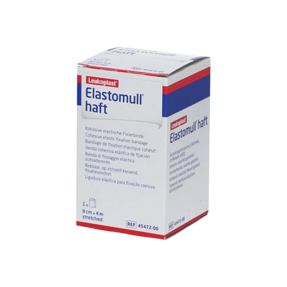 Vystavená je krabica BSN Elastomull® haft, elastická fixačná bandáž od BSN Medical GmbH z latex-free polyméru. Prevažne biele balenie je doplnené červenými a modrými akcentmi a obsahuje text vo viacerých jazykoch.