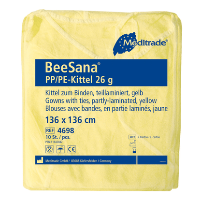 Žlté, čiastočne laminované jednorazové balenie Meditrade BeeSana® PP/PE-plášť 26g označené produktovými detailmi v nemeckom jazyku a symbolmi pre recyklovateľnosť a obsah balenia Meditrade GmbH.