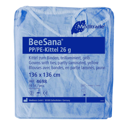 Modro zabalený Meditrade BeeSana® PP/PE-plášť 26g, balenie po 10 kusoch, označené textom, ktorý uvádza produktové detaily ako materiál, farba, veľkosť a množstvo balenia. Tento plášť je navrhnutý ako ochrana.