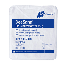 Balenie pre Meditrade BeeSana® PP-Ochranný plášť 35g, biely ochranný plášť pre nemocničné použitie od spoločnosti Meditrade GmbH. Balenie má rozmery 140 x 140 cm a je ideálne na jednorazové použitie. Obsahuje celkovo 100 kusov na balenie.