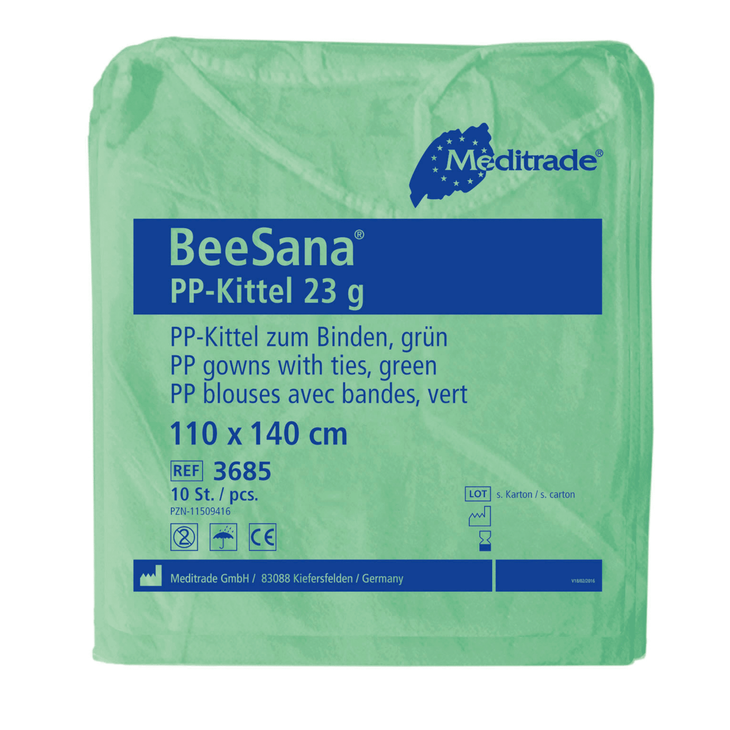 Zelené balenie Meditrade BeeSana® PP-plášť 23g obsahuje text v nemčine a francúzštine, ktorý popisuje priedušný jednorazový ochranný plášť s páskami v rozmeroch 110 x 140 cm. Každá škatuľa od Meditrade GmbH obsahuje 100 kusov.