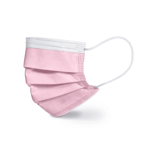 Eine rosafarbene Einweg-OP-Maske von Beurer in rosa MM 15 – 20 Stück | Packung (20 Stück) von Beurer GmbH ist vor einem weißen Hintergrund abgebildet. Die Maske hat weiße Ohrschlaufen und einen plissierten Stoff zur Abdeckung, ähnlich der Qualität der OP-Masken von Beurer und entspricht den CE-zertifizierten Standards.