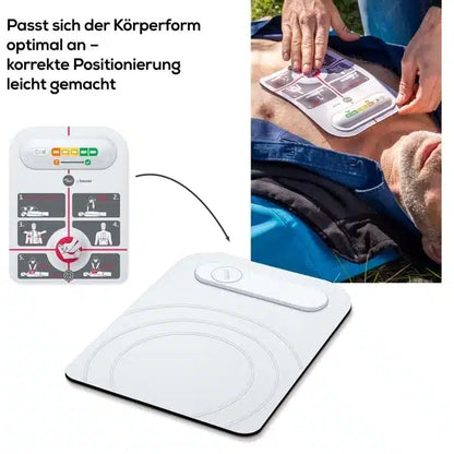 Detailný záber ukazuje osobu ležiacu vonku, zatiaľ čo niekto aplikuje výbehový produkt innotas: Beurer LifePad® pomôcka na resuscitáciu (1 kus) na hruď. Obrázok tiež ukazuje diagram správneho umiestnenia podložky.