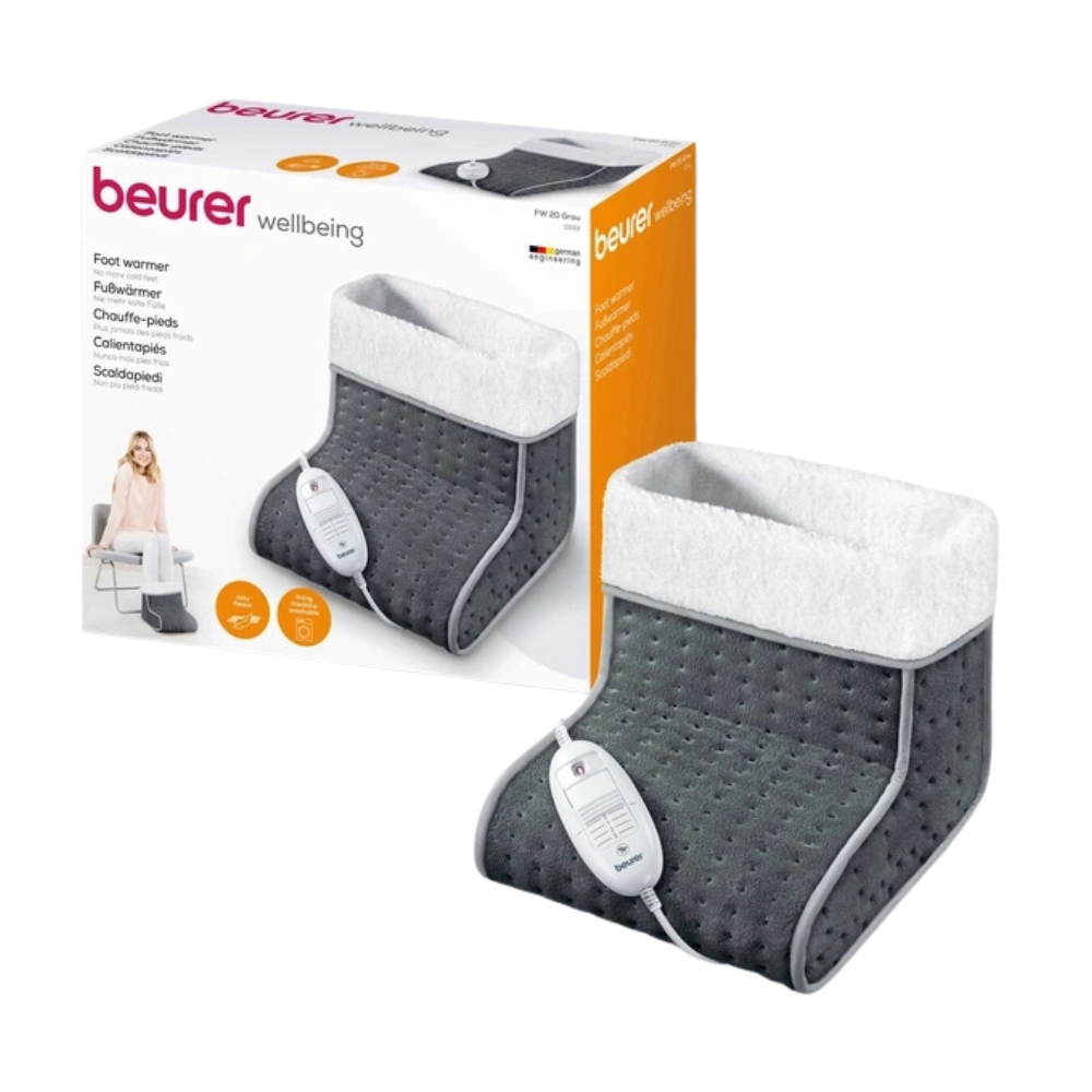 Obrázok Beurer FW 20 Cosy grey ohrievača nôh od Beurer GmbH. Produkt je sivý s bielym okrajom a je vybavený ovládačom s 3 teplotnými stupňami, certifikovaným podľa OEKO-TEX® STANDARD 100. Obal v pozadí zobrazuje obrázok ohrievača nôh a viacjazyčný text, ktorý popisuje jeho použitie.