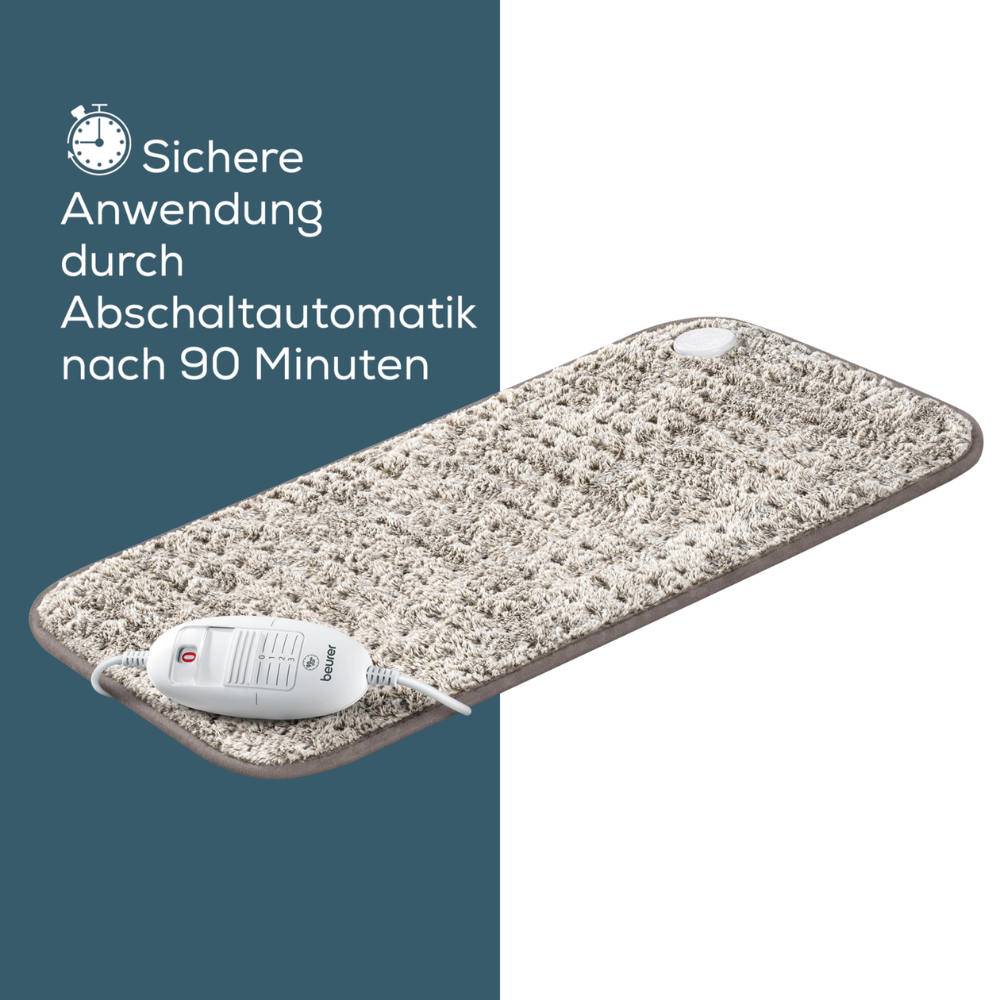 Zobrazená je obdĺžniková elektrická vyhrievacia poduška so štruktúrovaným béžovým povrchom. Ovládacie zariadenie je pripojené k poduške cez kábel. Nemecký text na ľavej strane znie „Bezpečné použitie vďaka automatickému vypnutiu po 90 minútach“ s ikonou hodín nad ním. Tento produkt Beurer GmbH, Beurer HK 123 XXL Nordic vyhrievacia poduška, ponúka 3 úrovne tepla a je dostupný vo formáte XXL, ideálny pre maximálne pokrytie.