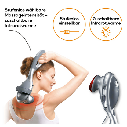 Osoba používa Beurer MG 70 infračervený masážny prístroj na svojom ramene. Text vysvetľuje nastaviteľnú intenzitu poklepovej masáže a voliteľné infračervené teplo produktu od Beurer GmbH. Dva symboly predstavujú nastaviteľné úrovne a infračervené teplo. Ďalší obrázok ukazuje detailný záber infračerveného masážneho prístroja s textom v nemčine.
