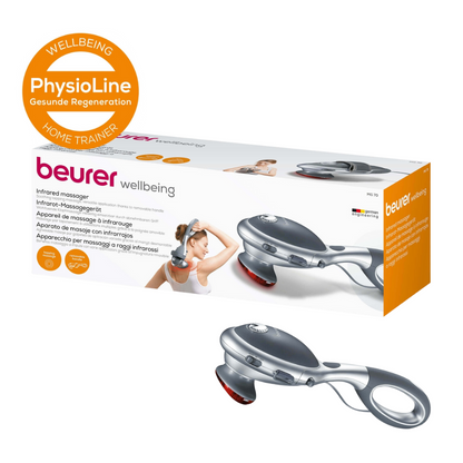 Obrázok zobrazuje Beurer MG 70 infračervený masážny prístroj | Balenie (1 kus) od Beurer GmbH. Balenie zdôrazňuje jeho funkcie vo viacerých jazykoch. Samotné zariadenie má okrem balenia odnímateľnú rukoväť a infračervené uzly pre terapiu poklepovou masážou. Okrem toho je vidieť logo PhysioLine.