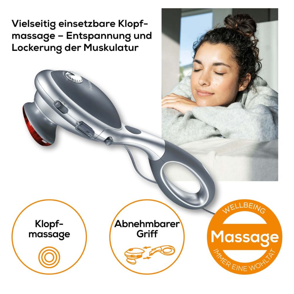 Naľavo je zobrazené Beurer MG 70 infračervený masážny prístroj s odnímateľnou rukoväťou. Napravo odpočíva žena so zatvorenými očami a usmievavou tvárou na zložených rukách. Text je v nemčine a zdôrazňuje výhody ako uvoľnenie svalov a všestrannosť.