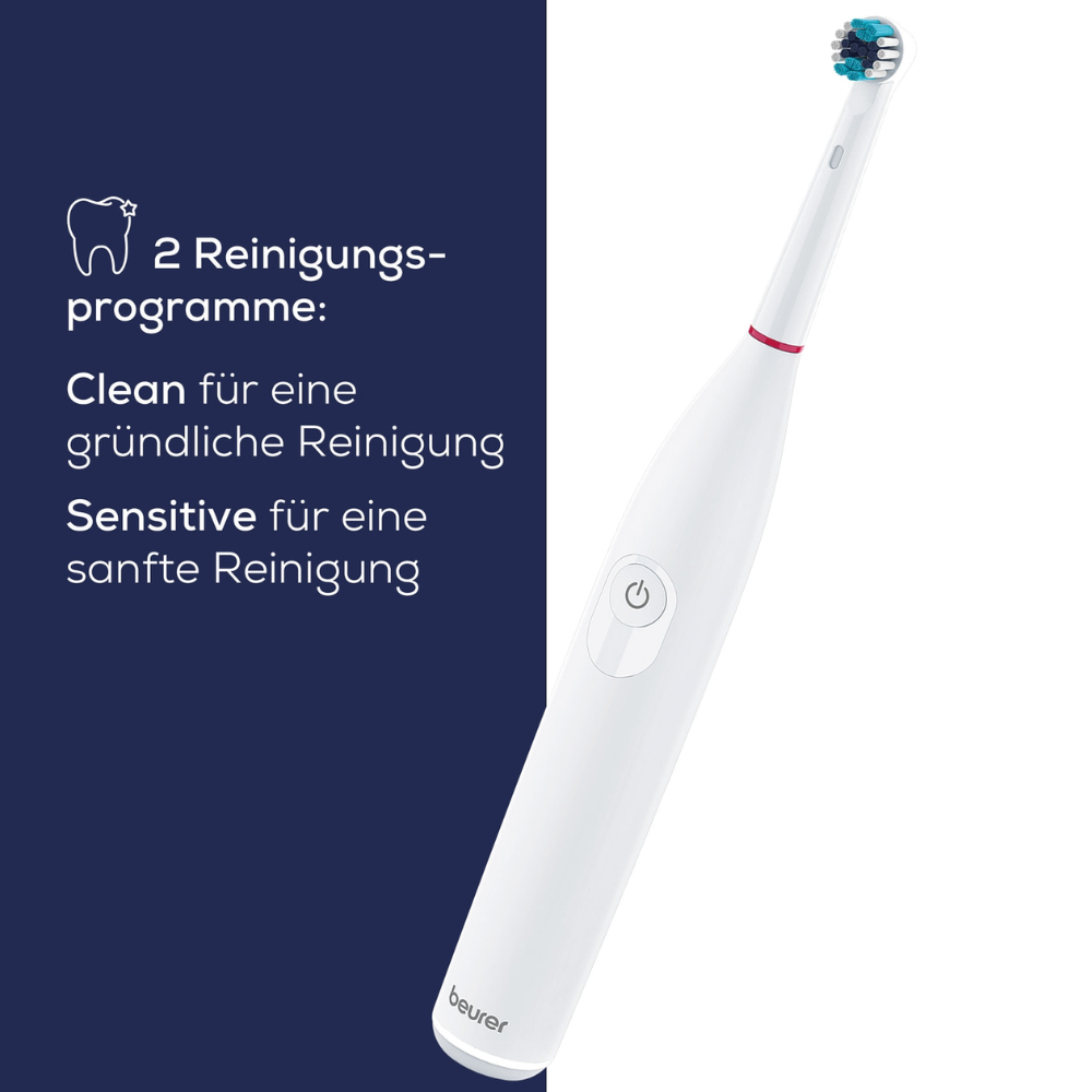 Obrázok bielej Beurer TB 30 elektrickej zubnej kefky od Beurer GmbH s malou, okrúhlou kefkovou hlavicou. Text na ľavej strane popisuje dva režimy čistenia „Clean pre dôkladné čistenie“ a „Sensitive pre jemné čistenie“ ako aj symboly zubov a programov. Výbava zahŕňa 2-minútový časovač a oscilačnú technológiu.